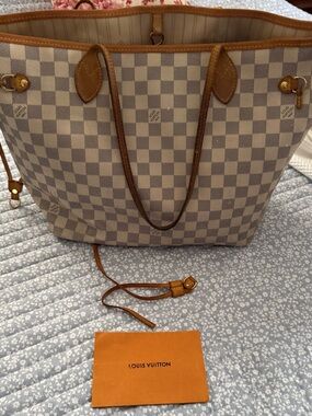 Louis Vuitton Damier Azur Canvas Neverfull Tote in Cream and Tan Trim